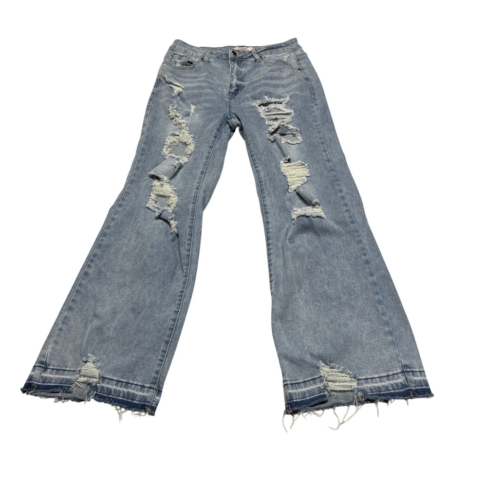 Pink Dove Boutique Womens Jeans 10 Light Blue Distressed Wide‎ Leg Raw Hem Denim